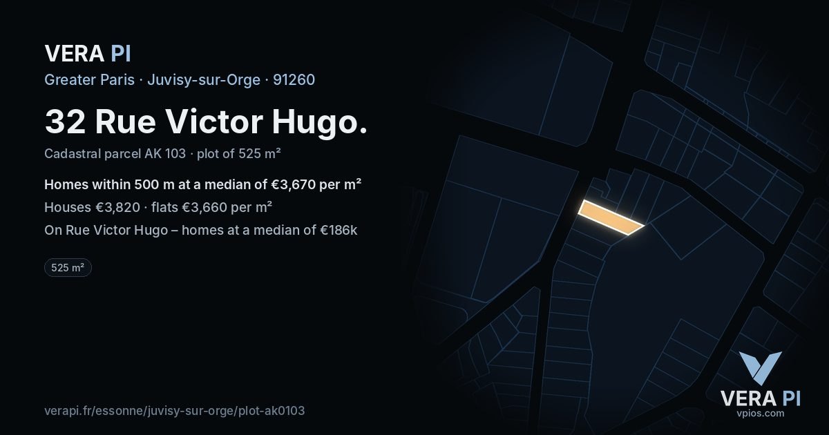 32 Rue Victor Hugo, Juvisy-sur-Orge at night – the plot lit, the parcels around coloured by the prices near them