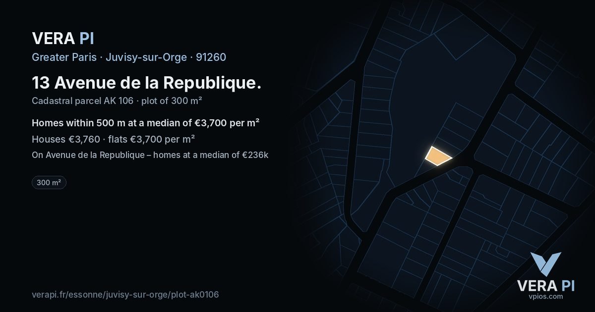 13 Avenue de la Republique, Juvisy-sur-Orge at night – the plot lit, the parcels around coloured by the prices near them