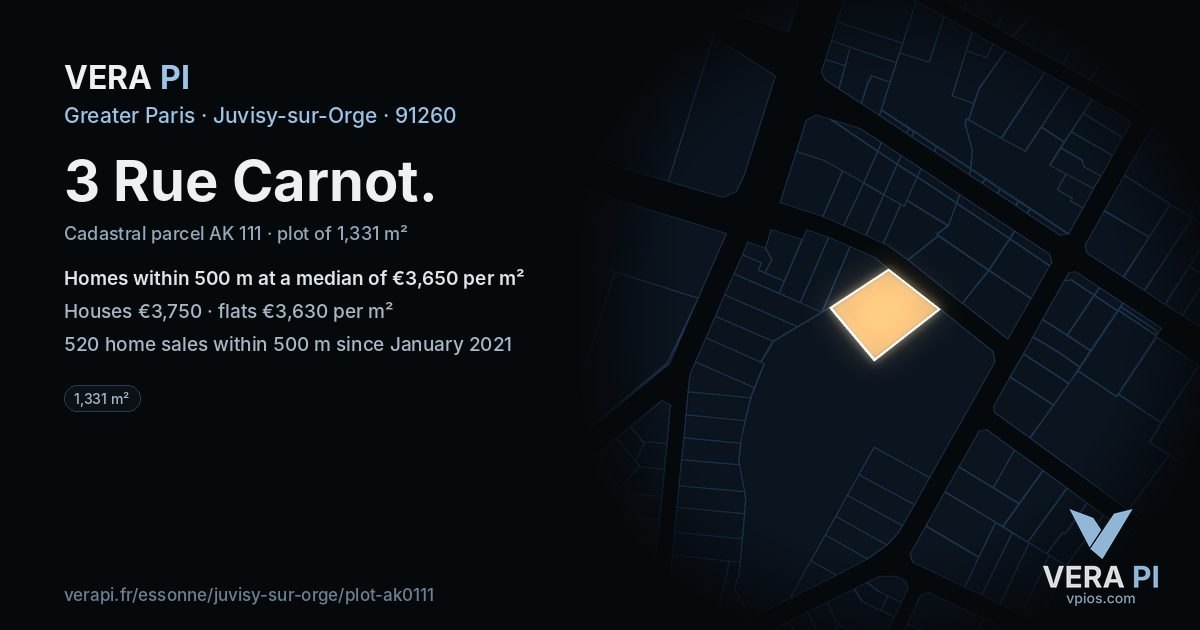 3 Rue Carnot, Juvisy-sur-Orge at night – the plot lit, the parcels around coloured by the prices near them