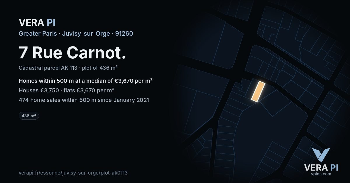 7 Rue Carnot, Juvisy-sur-Orge at night – the plot lit, the parcels around coloured by the prices near them