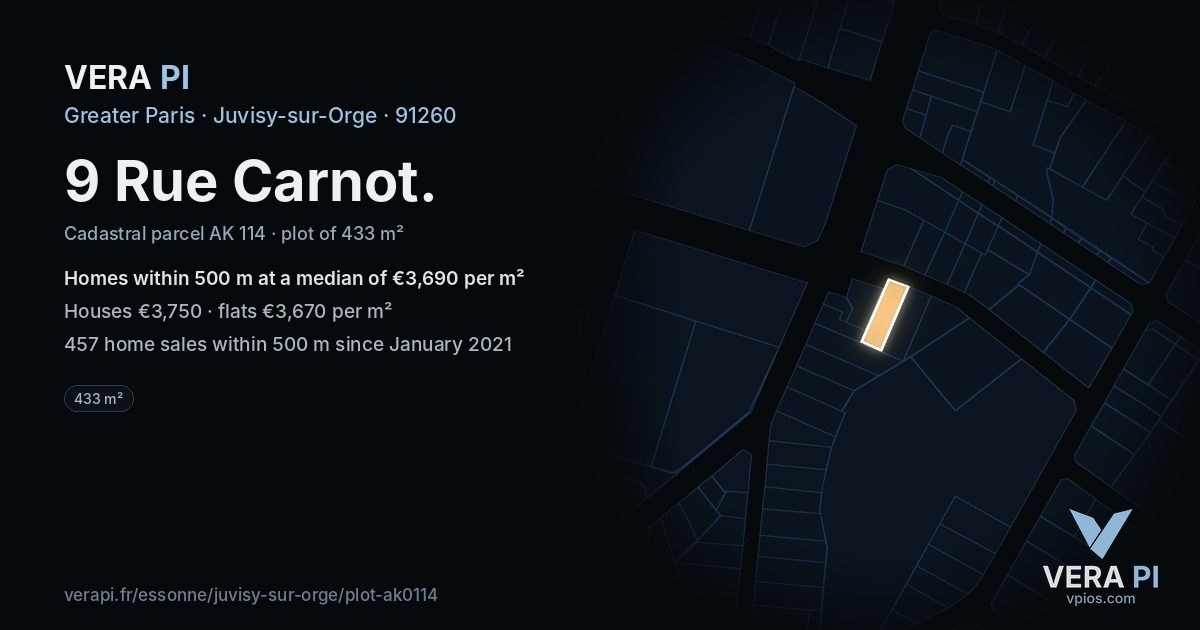 9 Rue Carnot, Juvisy-sur-Orge at night – the plot lit, the parcels around coloured by the prices near them