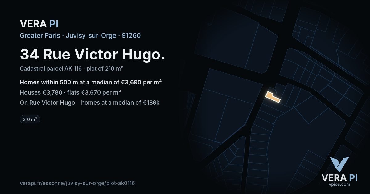 34 Rue Victor Hugo, Juvisy-sur-Orge at night – the plot lit, the parcels around coloured by the prices near them