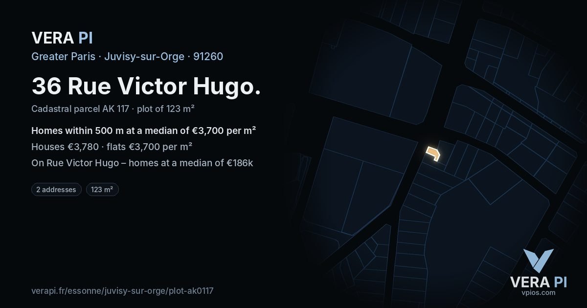 36 Rue Victor Hugo, Juvisy-sur-Orge at night – the plot lit, the parcels around coloured by the prices near them