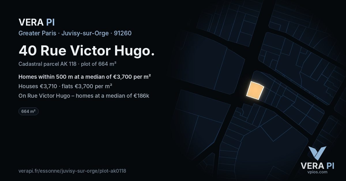 40 Rue Victor Hugo, Juvisy-sur-Orge at night – the plot lit, the parcels around coloured by the prices near them