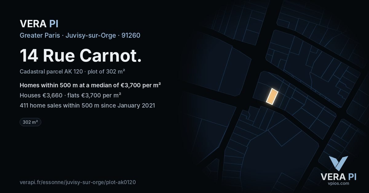 14 Rue Carnot, Juvisy-sur-Orge at night – the plot lit, the parcels around coloured by the prices near them