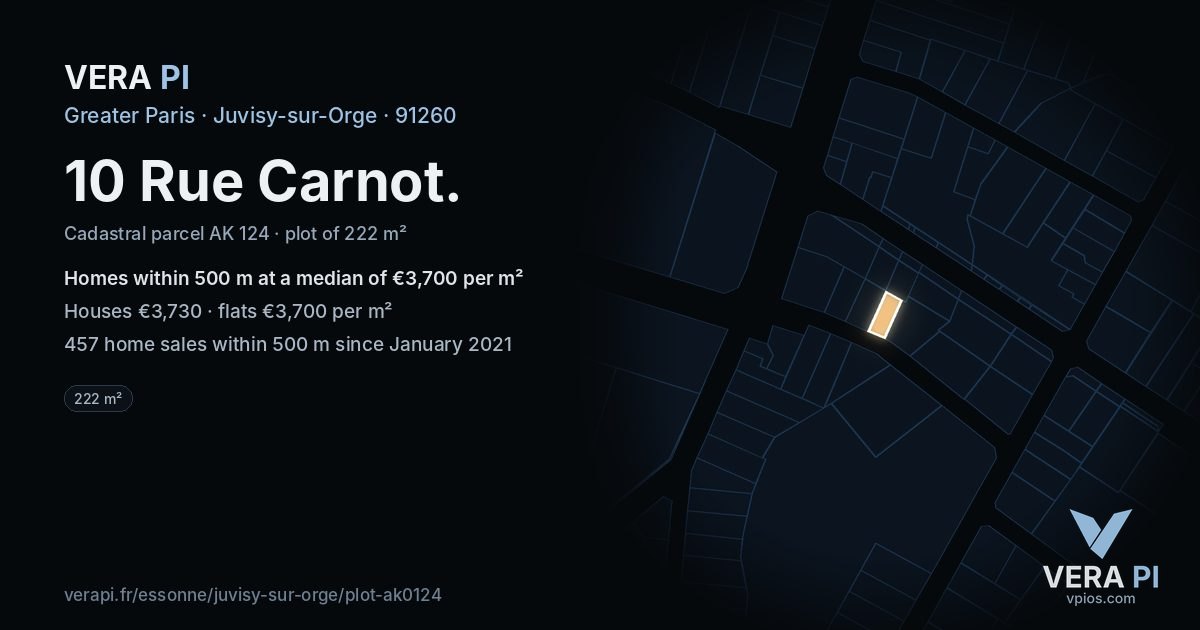 10 Rue Carnot, Juvisy-sur-Orge at night – the plot lit, the parcels around coloured by the prices near them