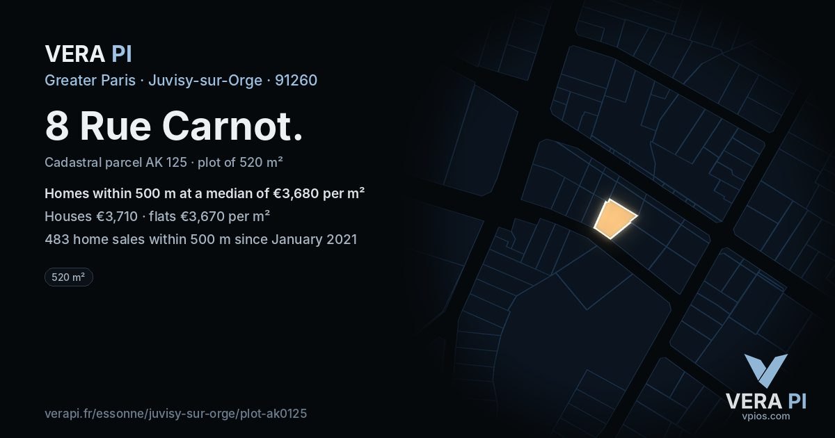 8 Rue Carnot, Juvisy-sur-Orge at night – the plot lit, the parcels around coloured by the prices near them