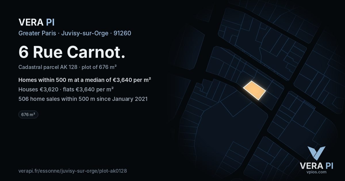 6 Rue Carnot, Juvisy-sur-Orge at night – the plot lit, the parcels around coloured by the prices near them