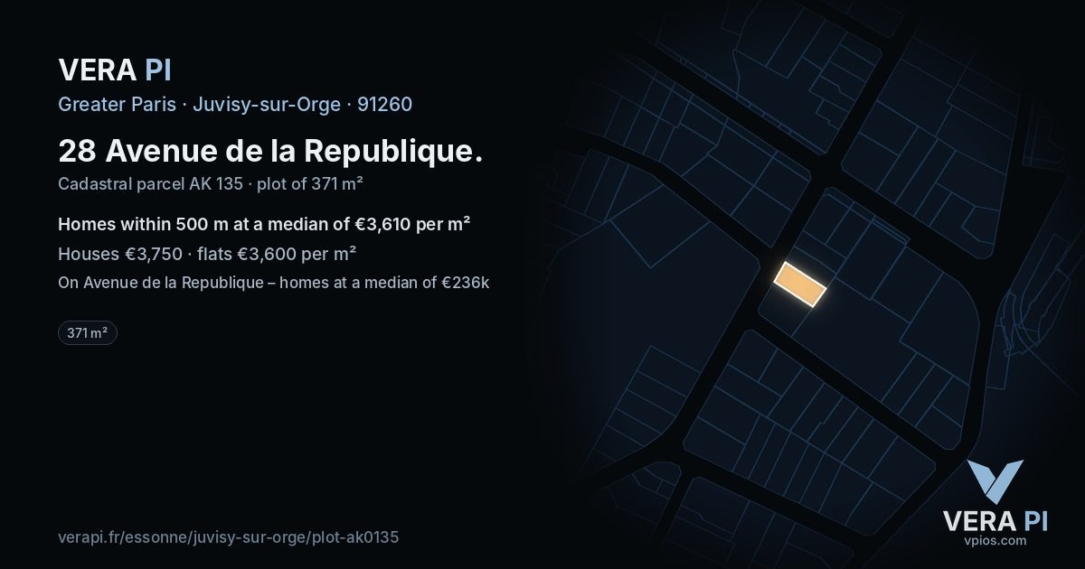 28 Avenue de la Republique, Juvisy-sur-Orge at night – the plot lit, the parcels around coloured by the prices near them