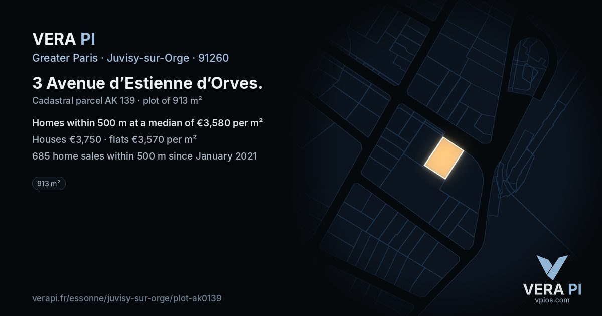 3 Avenue d’Estienne d’Orves, Juvisy-sur-Orge at night – the plot lit, the parcels around coloured by the prices near them