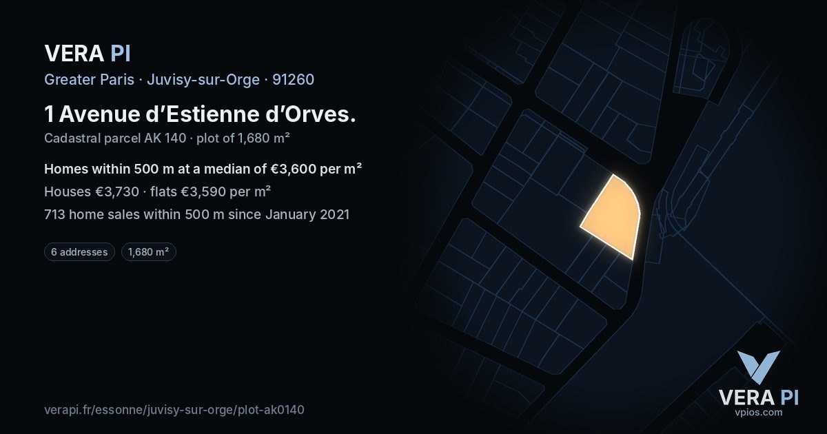 1 Avenue d’Estienne d’Orves, Juvisy-sur-Orge at night – the plot lit, the parcels around coloured by the prices near them