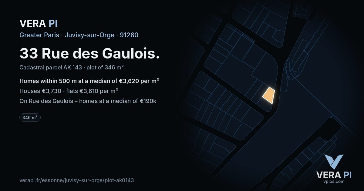 33 Rue des Gaulois, Juvisy-sur-Orge at night – the plot lit, the parcels around coloured by the prices near them
