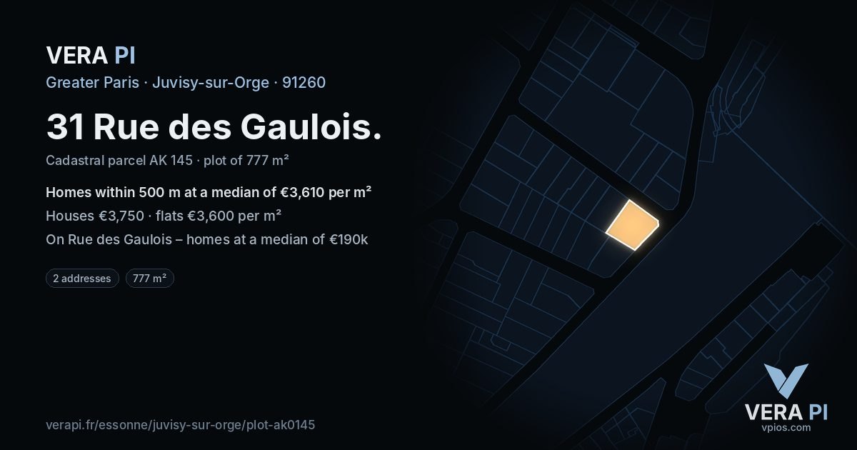 31 Rue des Gaulois, Juvisy-sur-Orge at night – the plot lit, the parcels around coloured by the prices near them