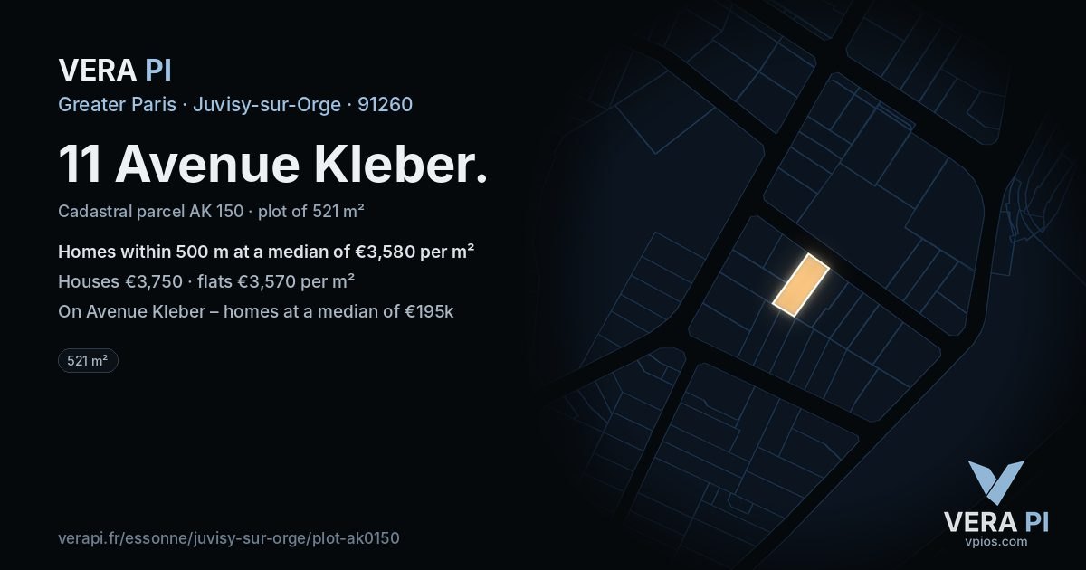 11 Avenue Kleber, Juvisy-sur-Orge at night – the plot lit, the parcels around coloured by the prices near them