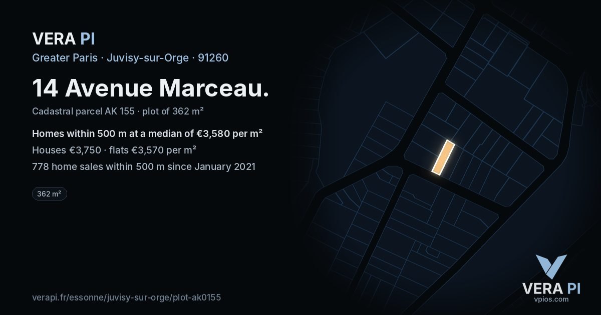 14 Avenue Marceau, Juvisy-sur-Orge at night – the plot lit, the parcels around coloured by the prices near them