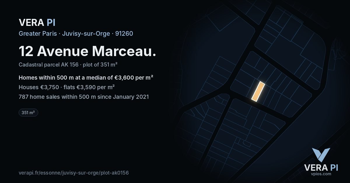 12 Avenue Marceau, Juvisy-sur-Orge at night – the plot lit, the parcels around coloured by the prices near them