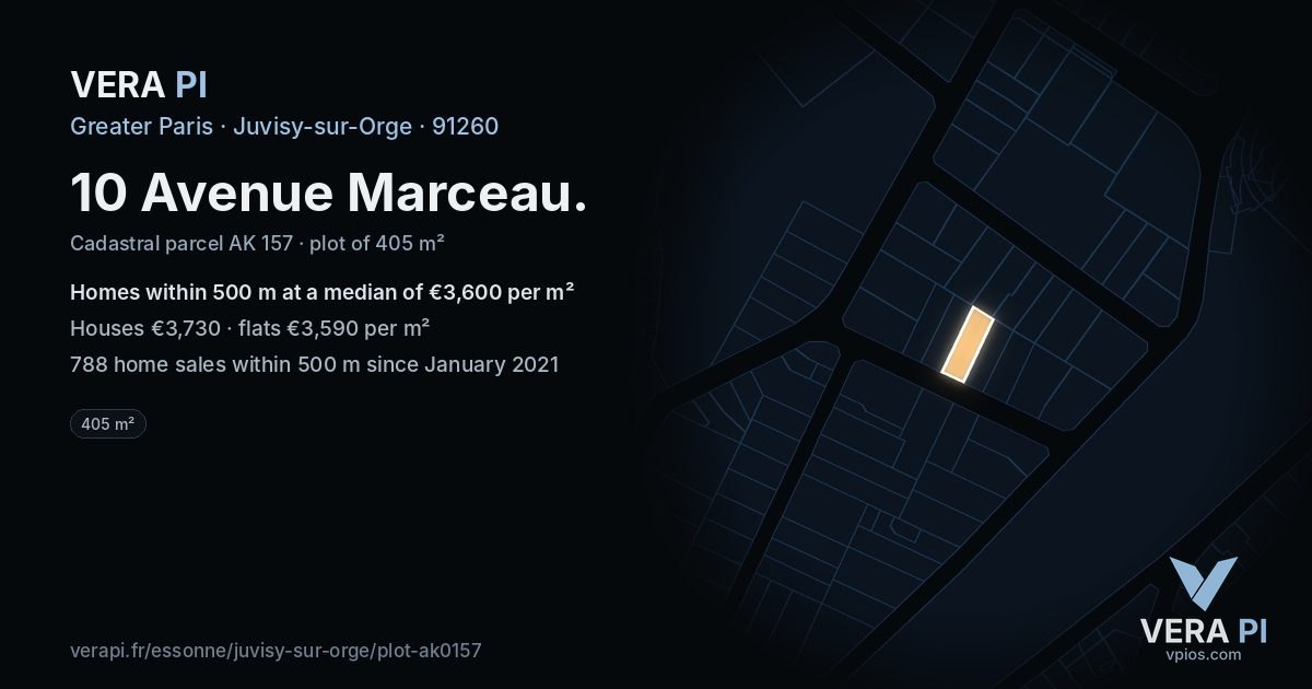 10 Avenue Marceau, Juvisy-sur-Orge at night – the plot lit, the parcels around coloured by the prices near them