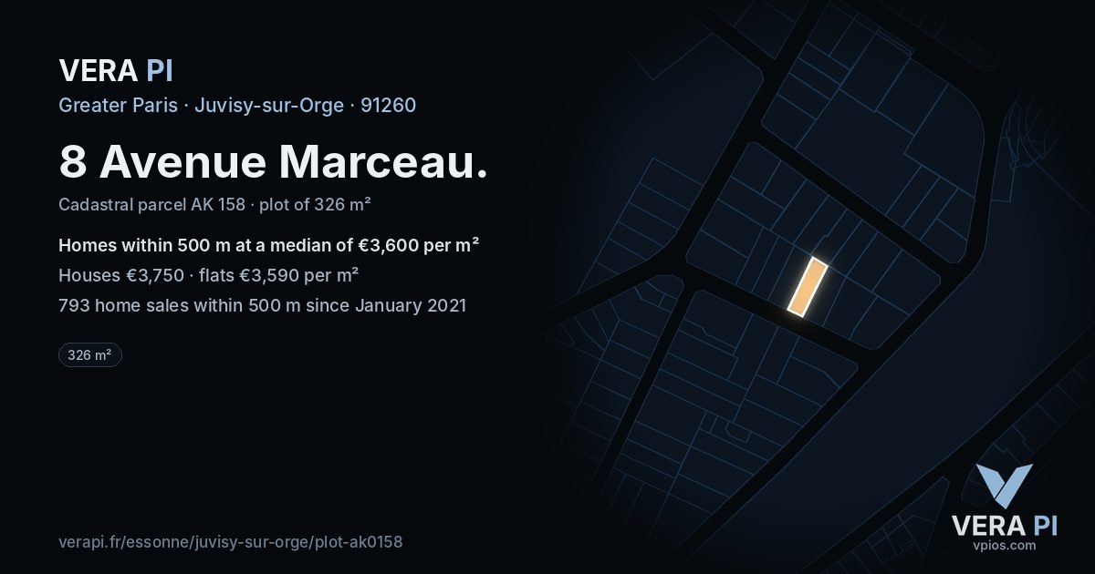 8 Avenue Marceau, Juvisy-sur-Orge at night – the plot lit, the parcels around coloured by the prices near them