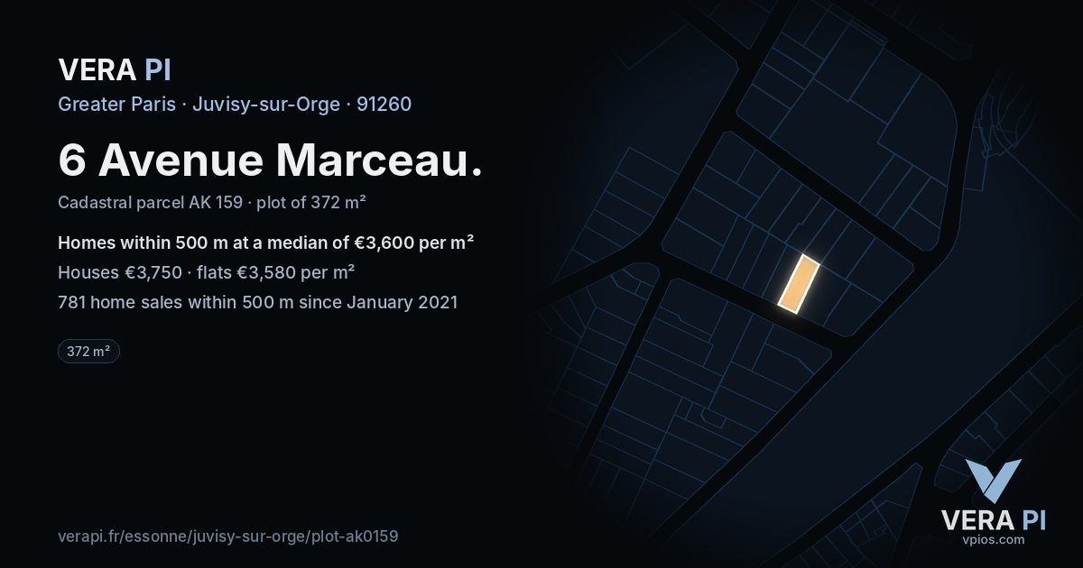 6 Avenue Marceau, Juvisy-sur-Orge at night – the plot lit, the parcels around coloured by the prices near them