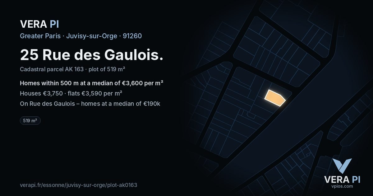 25 Rue des Gaulois, Juvisy-sur-Orge at night – the plot lit, the parcels around coloured by the prices near them