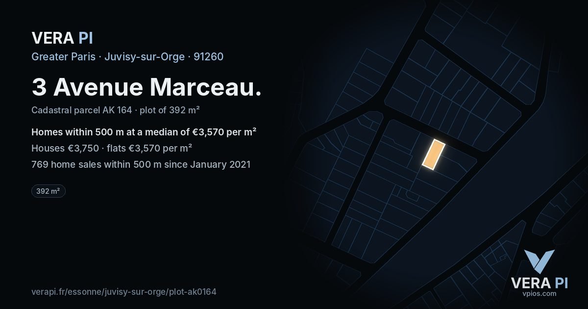 3 Avenue Marceau, Juvisy-sur-Orge at night – the plot lit, the parcels around coloured by the prices near them