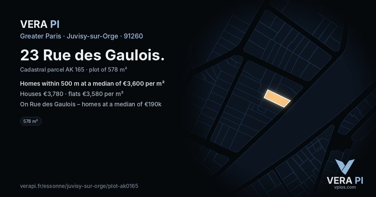 23 Rue des Gaulois, Juvisy-sur-Orge at night – the plot lit, the parcels around coloured by the prices near them