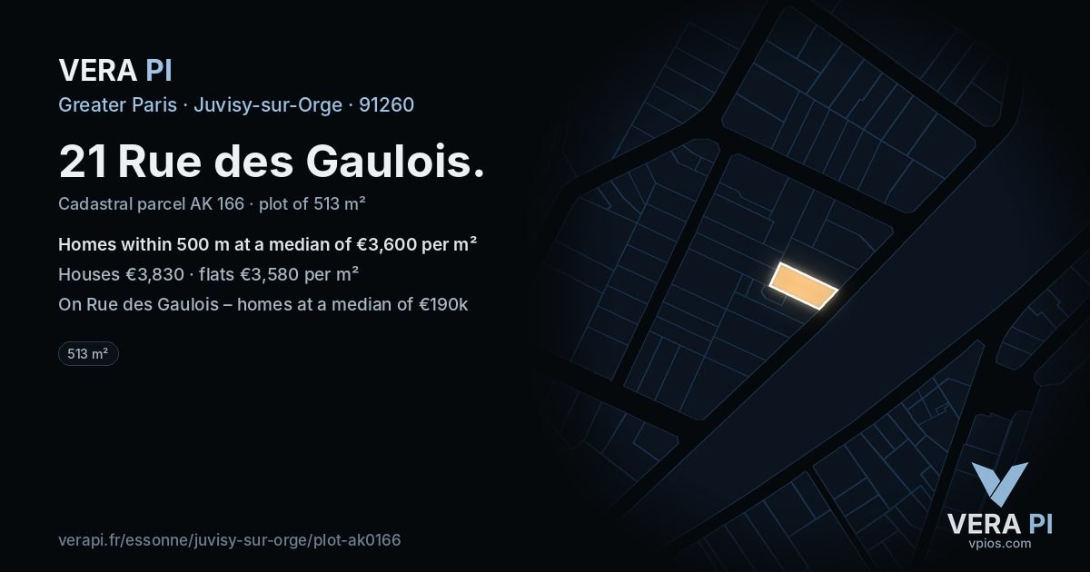 21 Rue des Gaulois, Juvisy-sur-Orge at night – the plot lit, the parcels around coloured by the prices near them