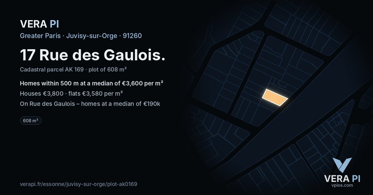 17 Rue des Gaulois, Juvisy-sur-Orge at night – the plot lit, the parcels around coloured by the prices near them