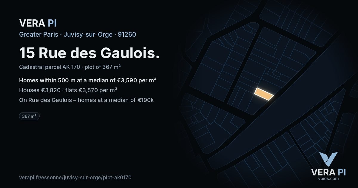 15 Rue des Gaulois, Juvisy-sur-Orge at night – the plot lit, the parcels around coloured by the prices near them