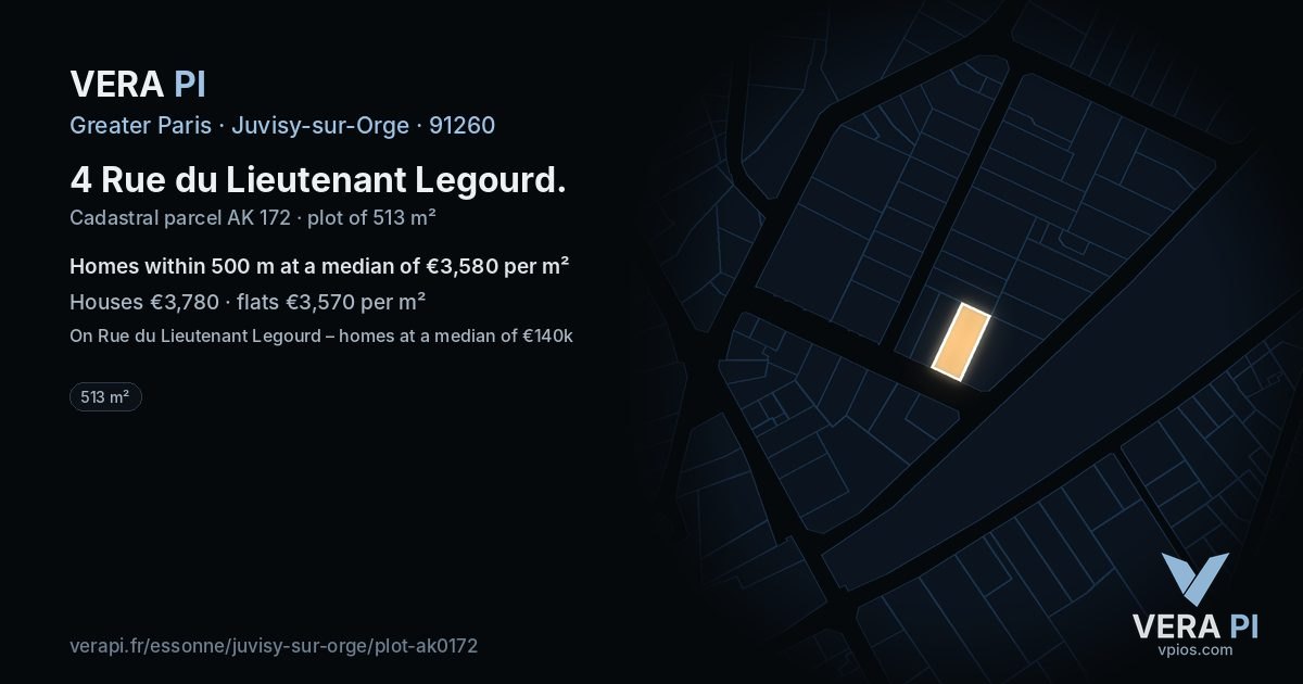 4 Rue du Lieutenant Legourd, Juvisy-sur-Orge at night – the plot lit, the parcels around coloured by the prices near them