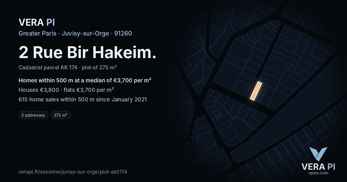 2 Rue Bir Hakeim, Juvisy-sur-Orge at night – the plot lit, the parcels around coloured by the prices near them