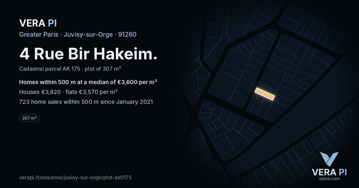 4 Rue Bir Hakeim, Juvisy-sur-Orge at night – the plot lit, the parcels around coloured by the prices near them
