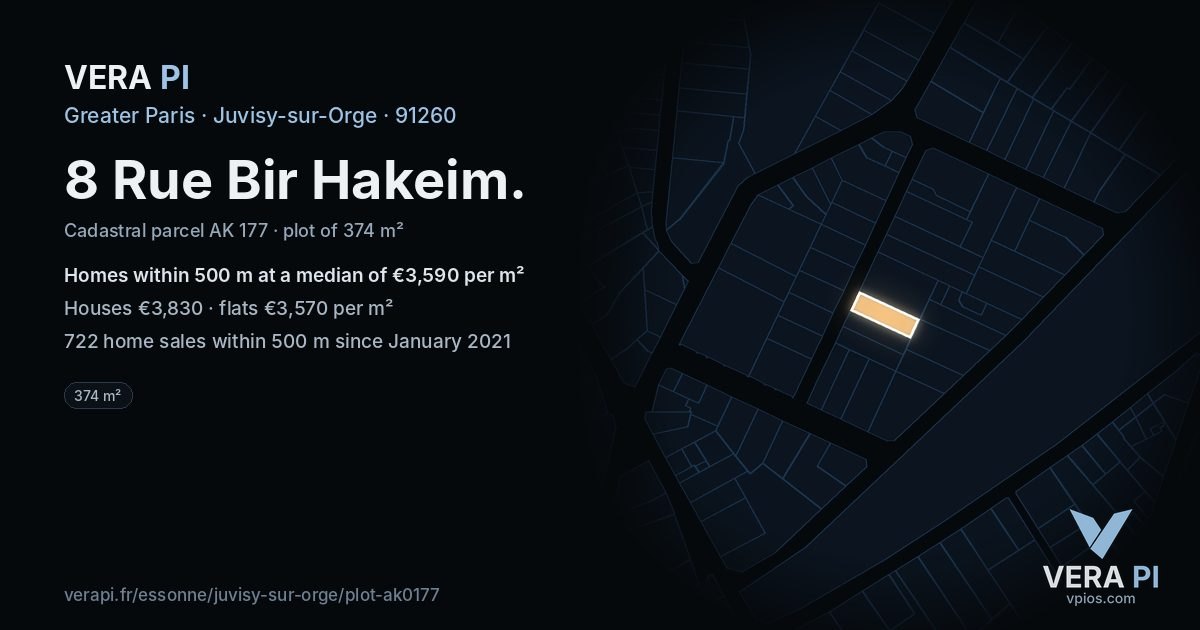 8 Rue Bir Hakeim, Juvisy-sur-Orge at night – the plot lit, the parcels around coloured by the prices near them