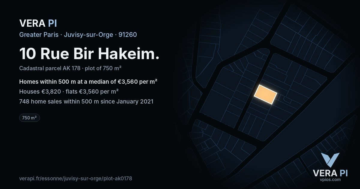 10 Rue Bir Hakeim, Juvisy-sur-Orge at night – the plot lit, the parcels around coloured by the prices near them
