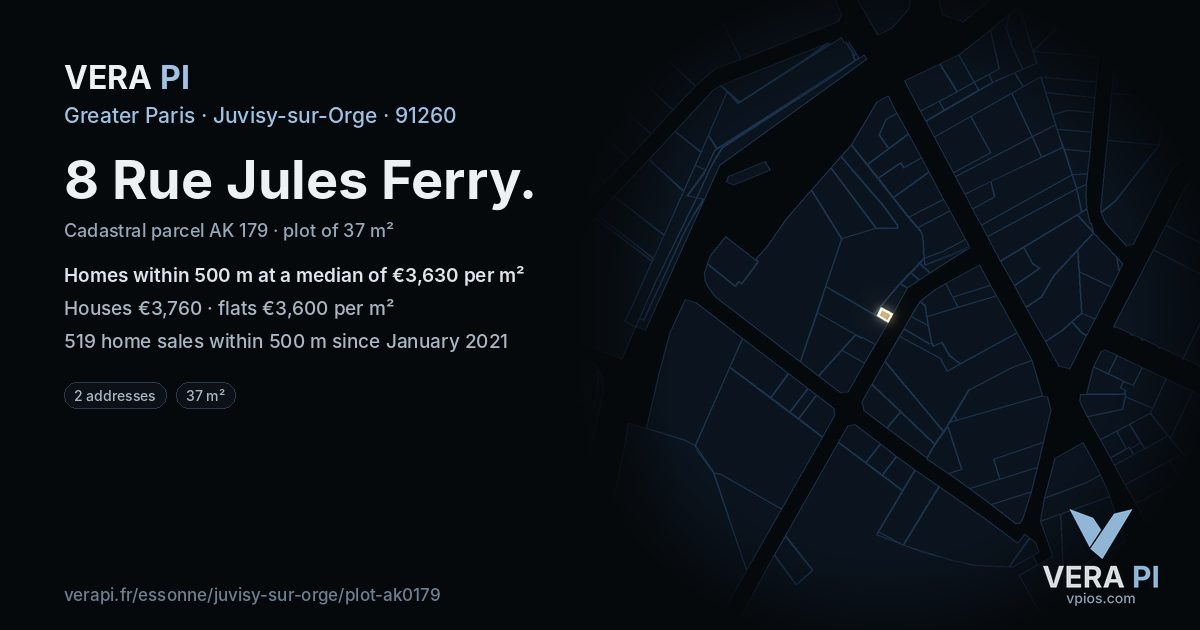 8 Rue Jules Ferry, Juvisy-sur-Orge at night – the plot lit, the parcels around coloured by the prices near them