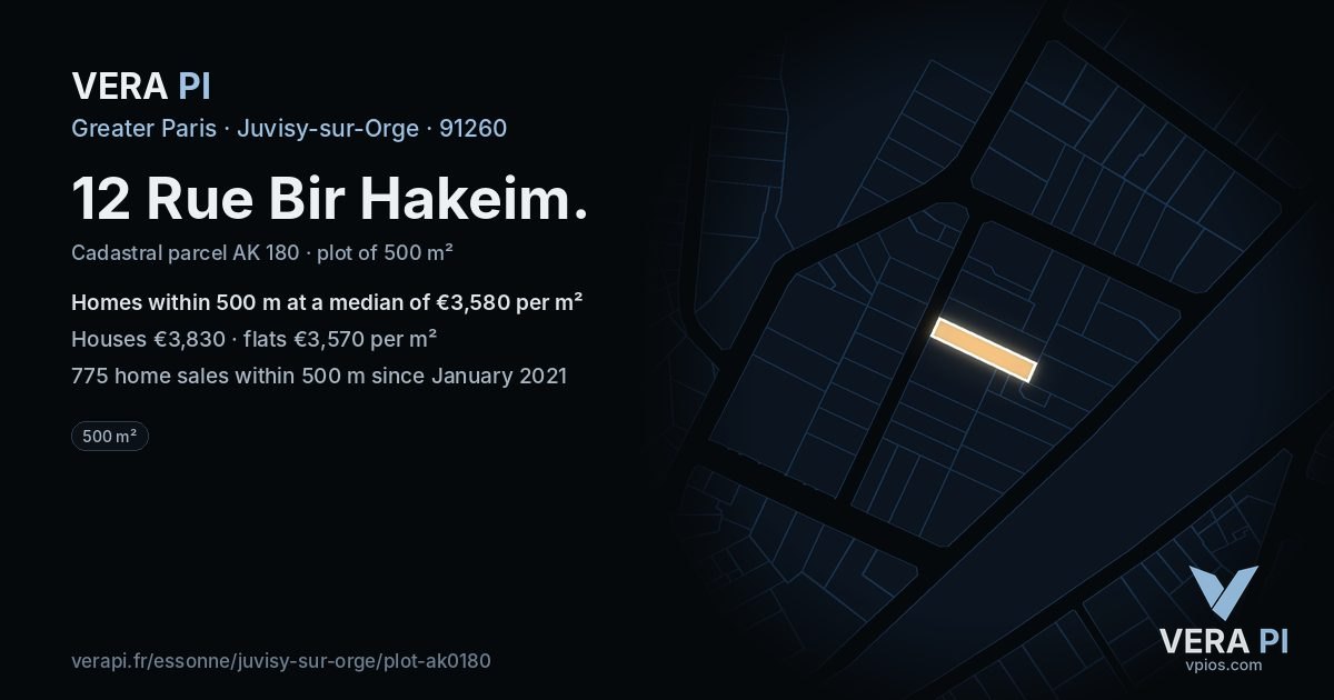 12 Rue Bir Hakeim, Juvisy-sur-Orge at night – the plot lit, the parcels around coloured by the prices near them