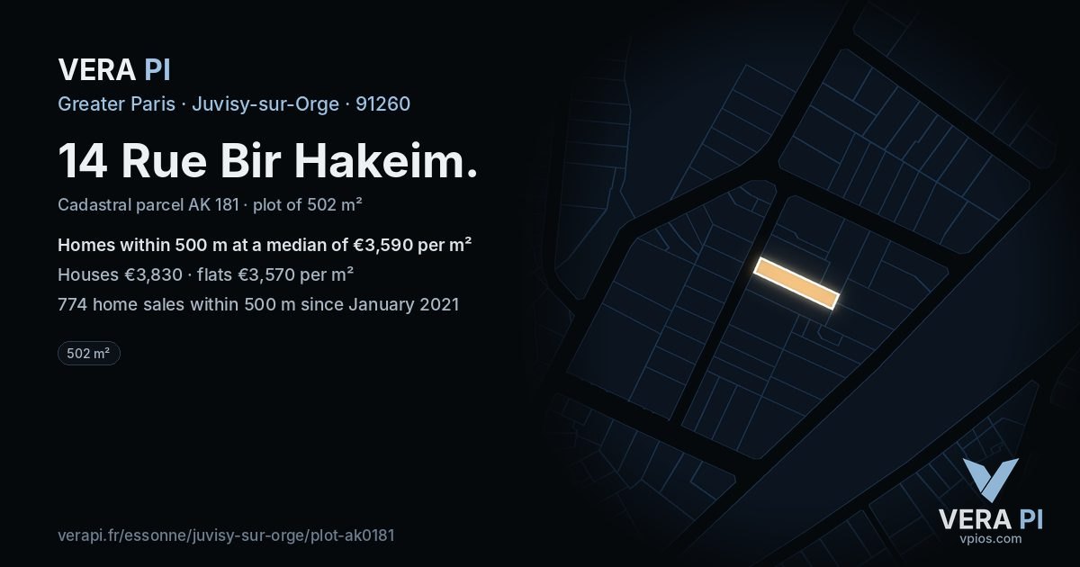 14 Rue Bir Hakeim, Juvisy-sur-Orge at night – the plot lit, the parcels around coloured by the prices near them