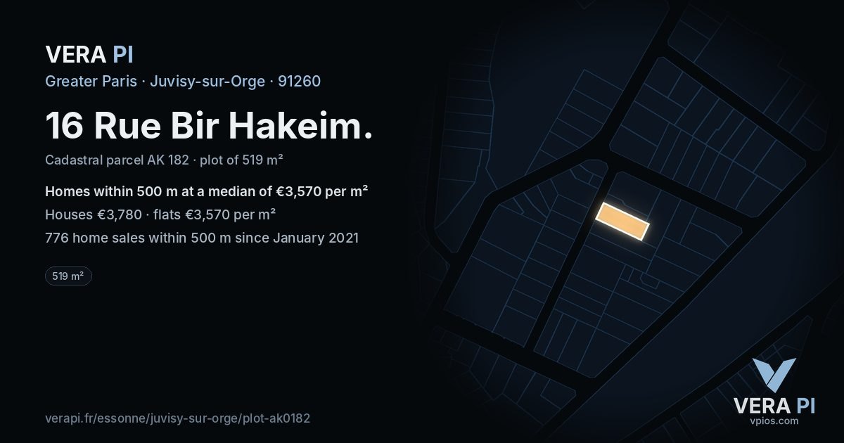16 Rue Bir Hakeim, Juvisy-sur-Orge at night – the plot lit, the parcels around coloured by the prices near them
