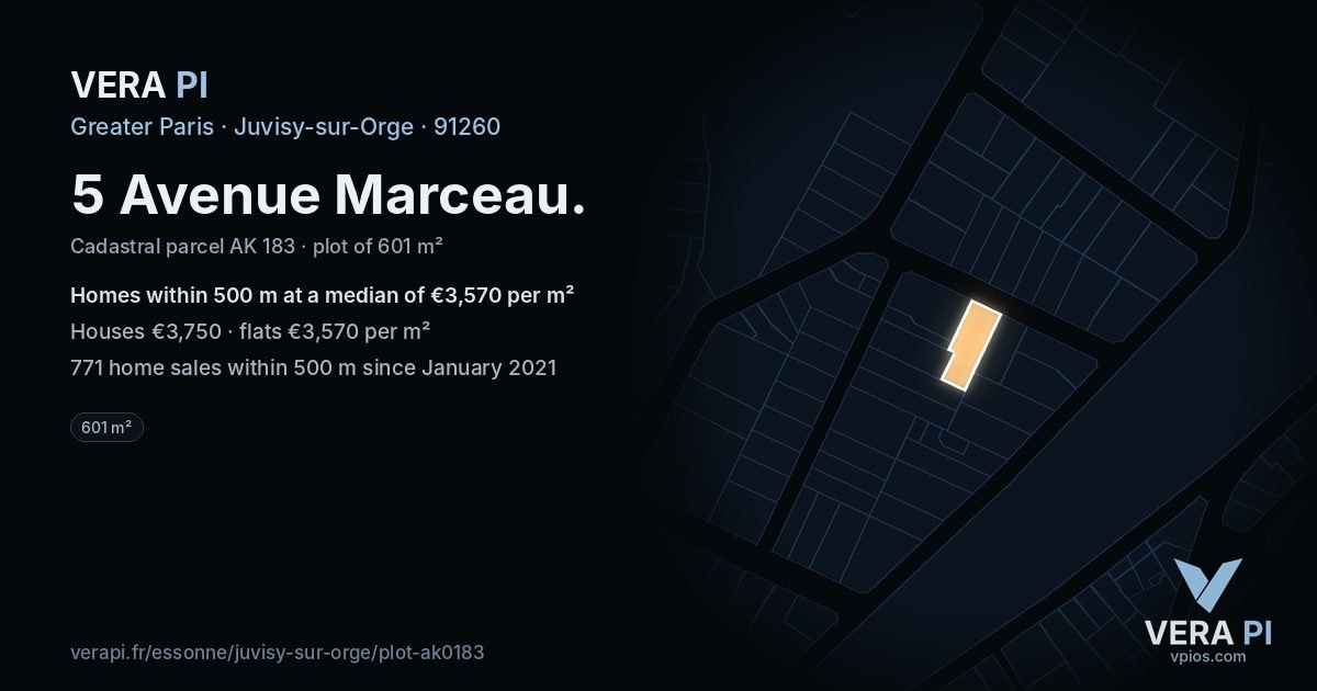 5 Avenue Marceau, Juvisy-sur-Orge at night – the plot lit, the parcels around coloured by the prices near them