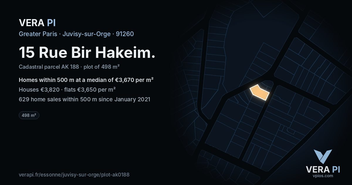 15 Rue Bir Hakeim, Juvisy-sur-Orge at night – the plot lit, the parcels around coloured by the prices near them