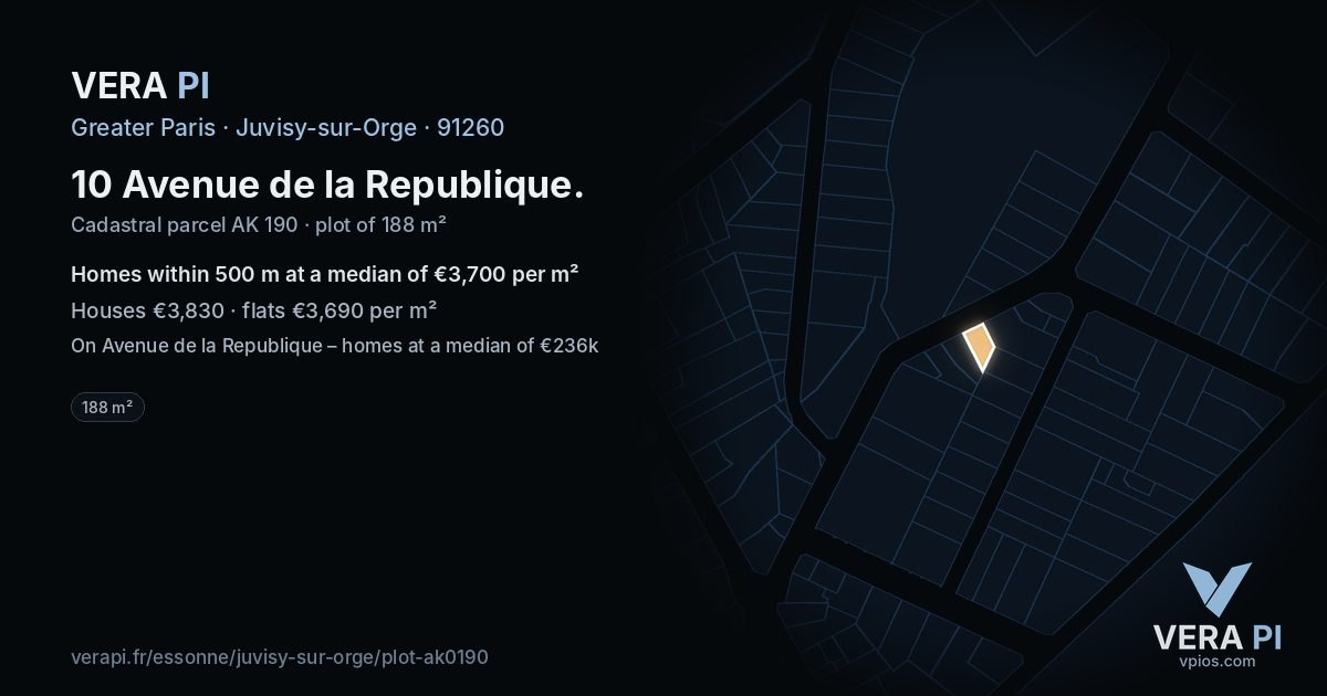 10 Avenue de la Republique, Juvisy-sur-Orge at night – the plot lit, the parcels around coloured by the prices near them