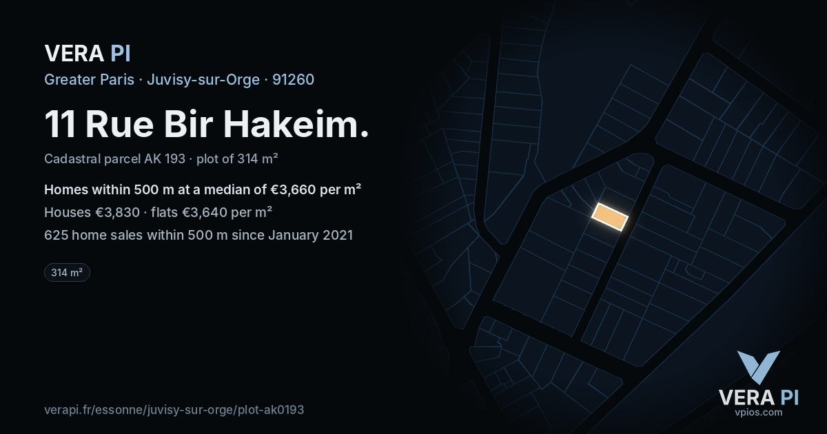 11 Rue Bir Hakeim, Juvisy-sur-Orge at night – the plot lit, the parcels around coloured by the prices near them