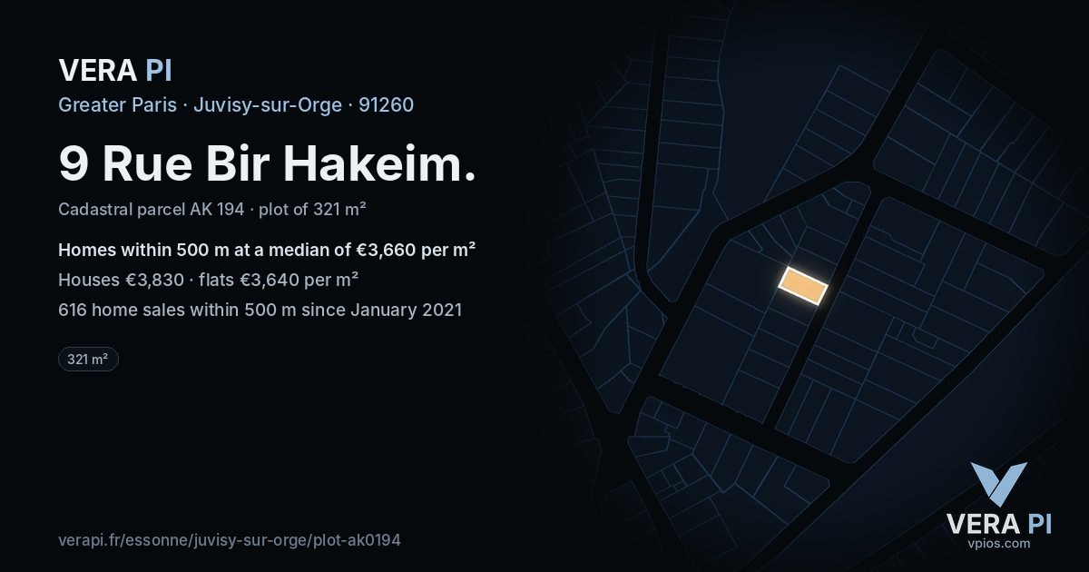 9 Rue Bir Hakeim, Juvisy-sur-Orge at night – the plot lit, the parcels around coloured by the prices near them