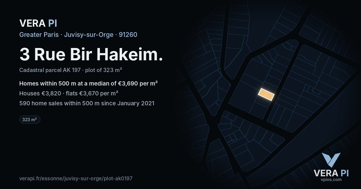 3 Rue Bir Hakeim, Juvisy-sur-Orge at night – the plot lit, the parcels around coloured by the prices near them