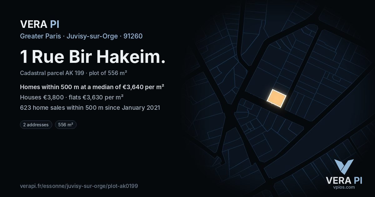 1 Rue Bir Hakeim, Juvisy-sur-Orge at night – the plot lit, the parcels around coloured by the prices near them