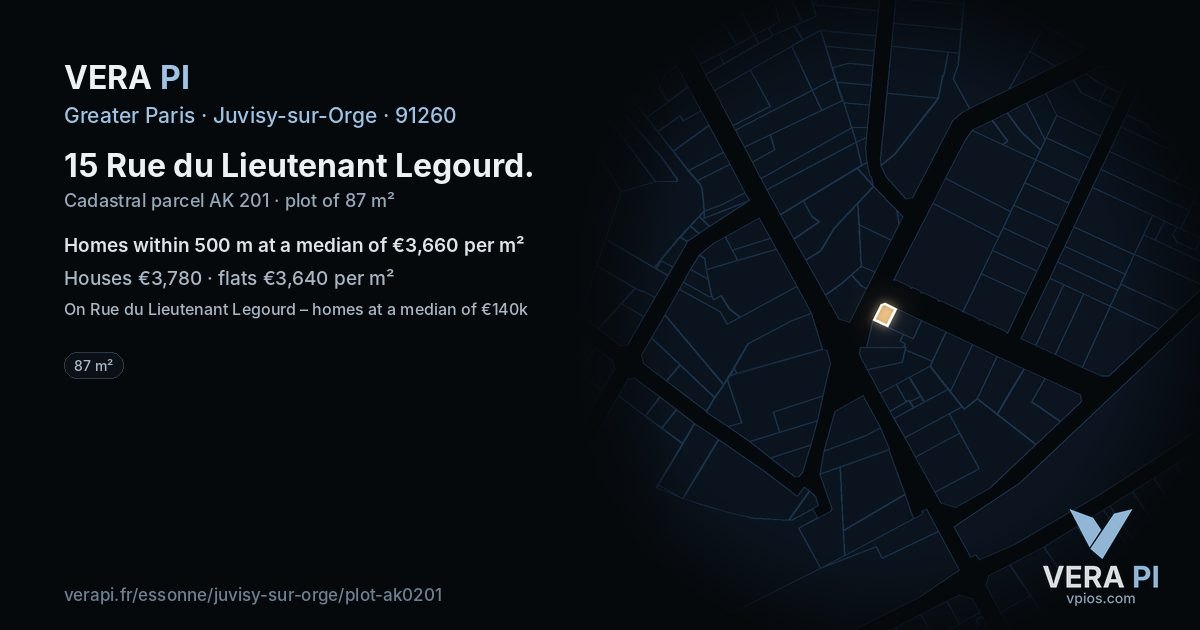 15 Rue du Lieutenant Legourd, Juvisy-sur-Orge at night – the plot lit, the parcels around coloured by the prices near them