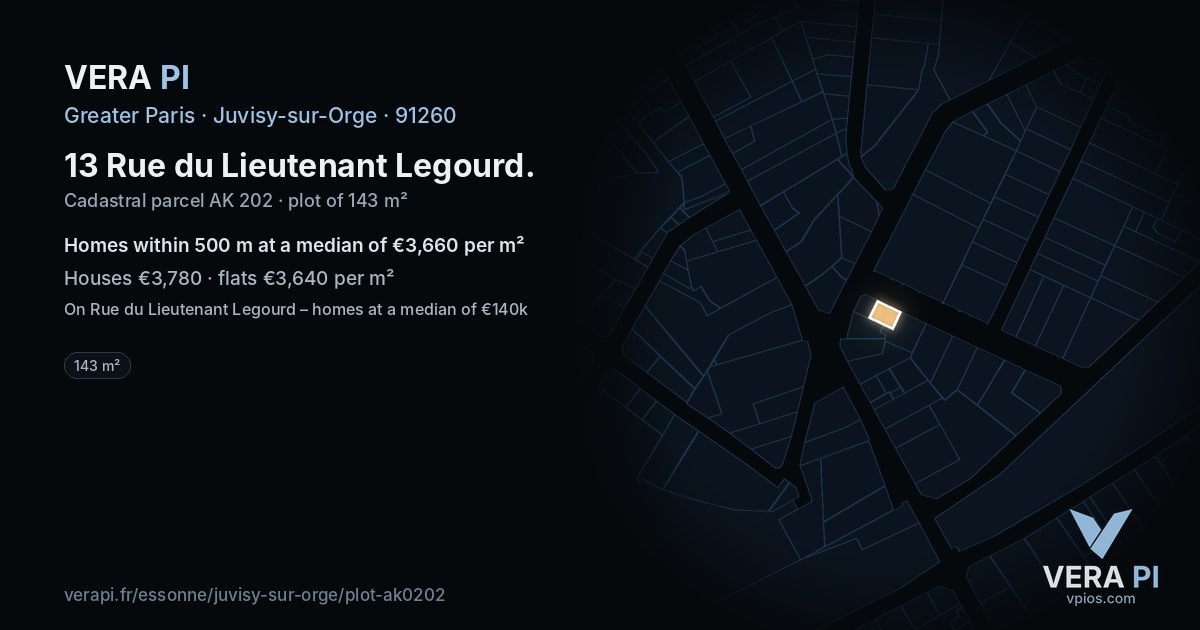 13 Rue du Lieutenant Legourd, Juvisy-sur-Orge at night – the plot lit, the parcels around coloured by the prices near them