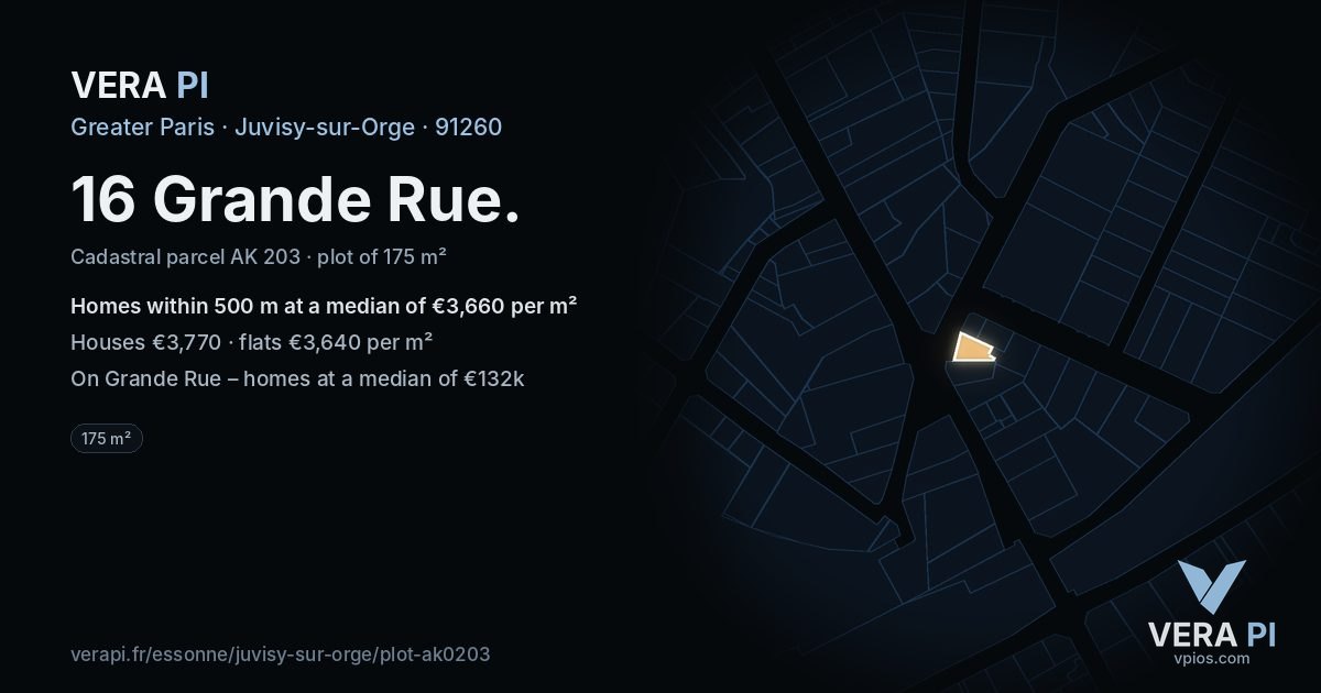16 Grande Rue, Juvisy-sur-Orge at night – the plot lit, the parcels around coloured by the prices near them