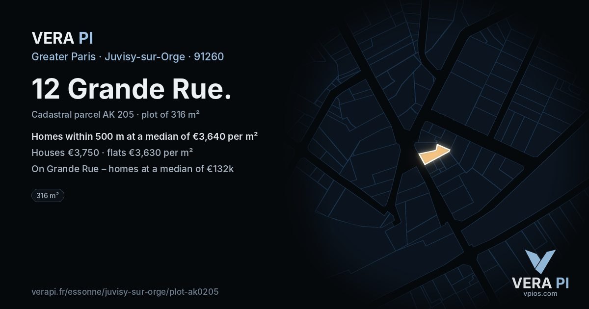 12 Grande Rue, Juvisy-sur-Orge at night – the plot lit, the parcels around coloured by the prices near them