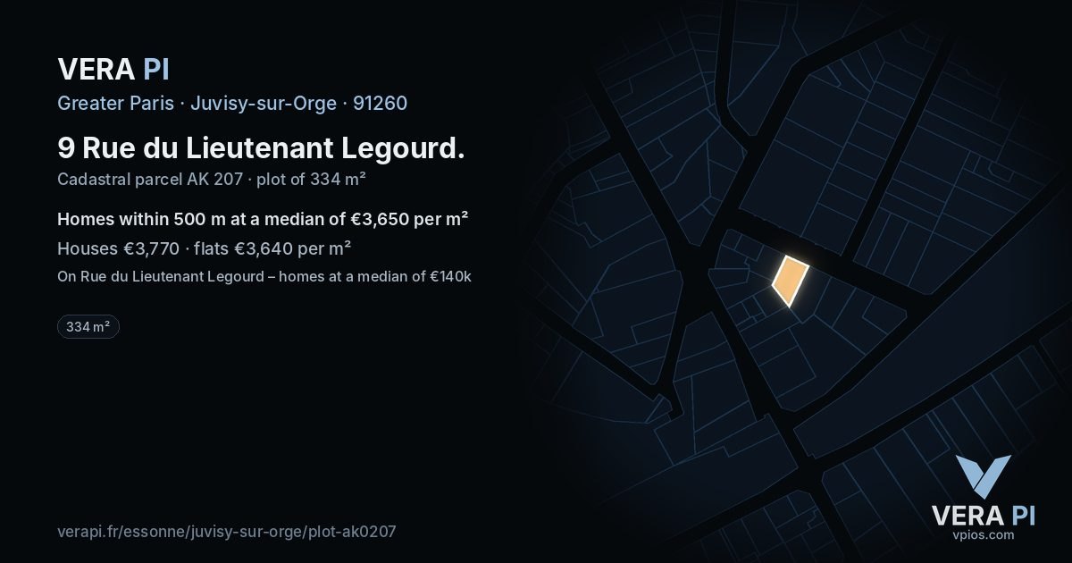 9 Rue du Lieutenant Legourd, Juvisy-sur-Orge at night – the plot lit, the parcels around coloured by the prices near them